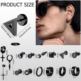 15 Pairs Men's Stainless Steel Stud Earrings Black Piercing Hoop Earrings Hanging Fashion Jewellery Accessory for Men Women, Stainless Steel, Created Zircon
