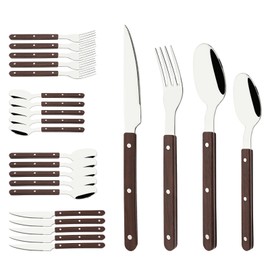 24-Piece Silverware Set, Uniturcky Forged Stainless Steel Flatware Set for 6, Vintage Cutlery Set with Dark Brown Wood Grain Handle, Mirror Polished, Rustic Utensils Set, Riveted handle design