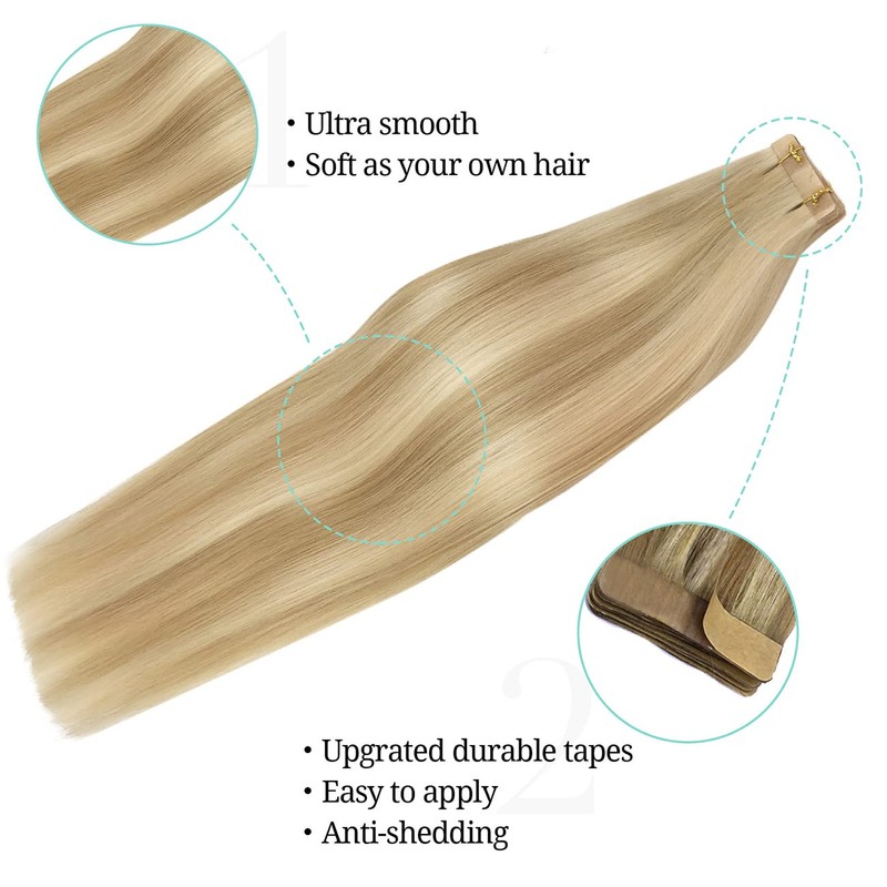 DOORES Real Hair Tape-In Extensions, Dirty Blonde Highlights Bleach Blonde,