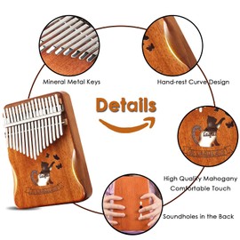 Kalimba 17 Keys Thumb Piano - Cat Portable Mbira Sanza Finger Piano Professional Musical Instrument Marimbaphone with Learning Instructions (English language not guaranteed), Tuning Hammer for