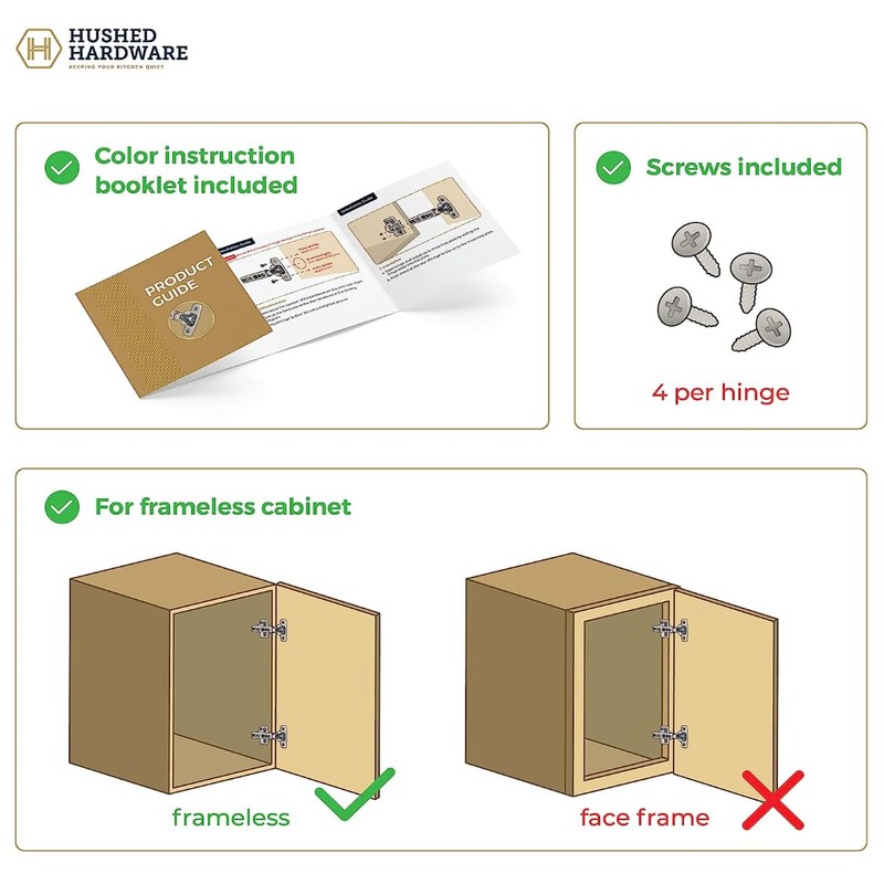Hushed Hardware Soft Close Cabinet Hinge Set. 4 Frameless Full