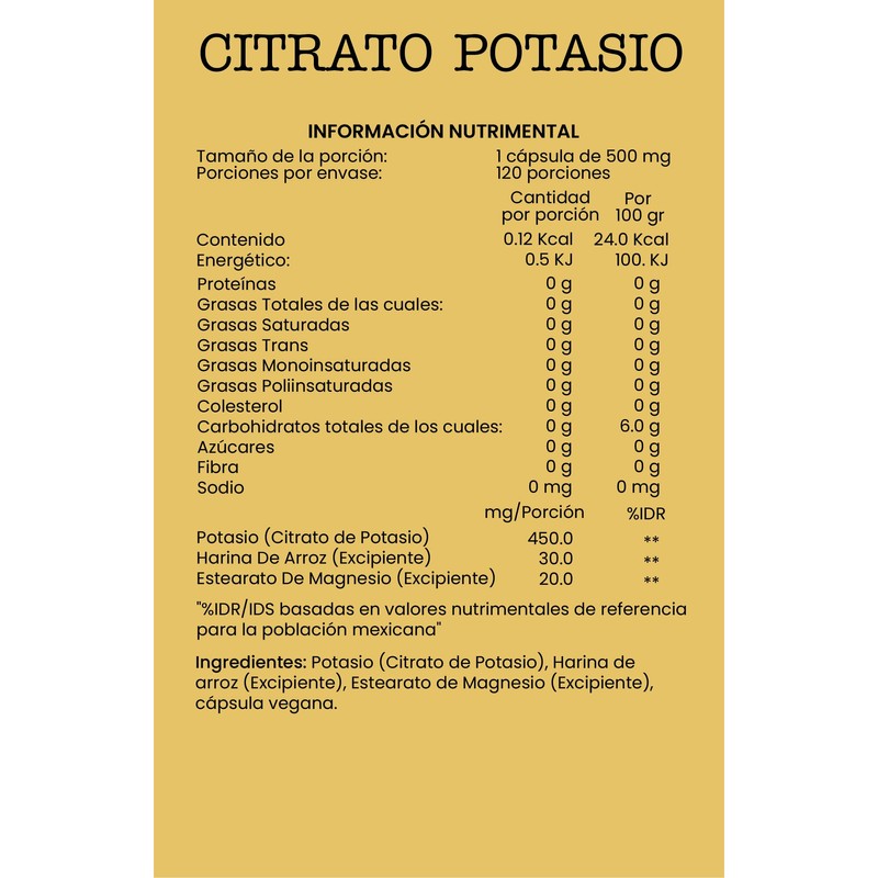 Citrato de Potasio Suplemento Alimenticio Ingredientes Naturales Vegano 120 Capsulas