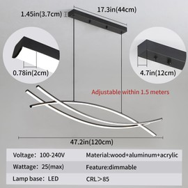 Matven Modern Chandelier, Linear Pendant Light LED Dimmable Hanging Light Fixture, 3000K-6500K with Remote Control (Black, 47IN)