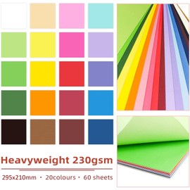 60 Sheets - Coloured Card A4, 230 g/m², 20 Colours Colourful Craft Paper, Craft Card, Coloured Paper Photo Cardboard, Colourful Cardboard for Crafts for DIY Crafts Photo Album Scrapbooking