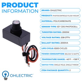 OhLectric Photoelectric Sensor - 208-227V Flush Mount Photoelectric Switch - 2000W Tungsten Rating - UL Listed & Weatherproof - Dusk to Dawn Photocell Sensor for Outdoor Lighting, Pack Of 2 - OL-45163