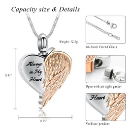 XSMZB Angel Wings Urn Necklaces for Ashes for Women Heart Cremation Jewelry for Ashes Always in My Heart Keepsake Pendant Urn Locket(Rose Gold)