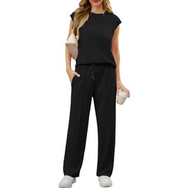 OLRIK Womens Two Piece Sets Summer Outfits Sleeveless Wide Leg Sweatsuit Set Casual Lounge Sets With Pockets Black-S