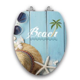 TOPSEAT Art of Acryl Elongated Toilet Seat w/Slow Close Chromed Metal Hinges, Wood, Beach