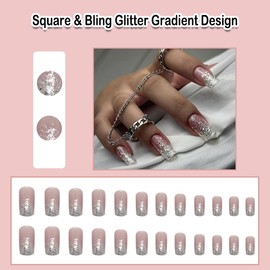 ANDGING Square Press on Nails Short Medium Ombre White Glue on Nails with Bling Glitter Gradient Design Acrylic Fake Nails for Wedding Gel False Nails Women Manicure Stick on Nail with Glue AKL88OL