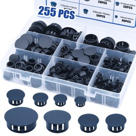 255PCS 8 Sizes Black Plastic Hole Plugs, Round Drilling Hole Cover Plugs for Cabinet Shelves, Flush Type Panel Knockout Locking Plastic Plugs Insert End Caps (1/4" 5/16" 3/8" 1/2" 5/8" 3/4" 7/8" 1")
