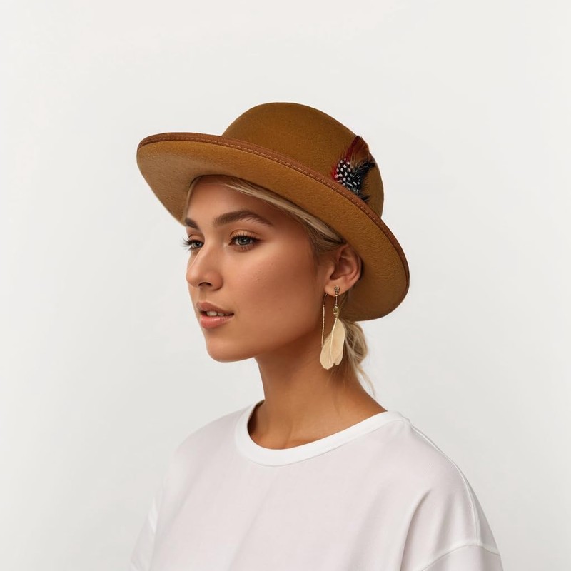 Panchitalk Classic Fedora Hat with Feather Bowler Dome Hard Faux