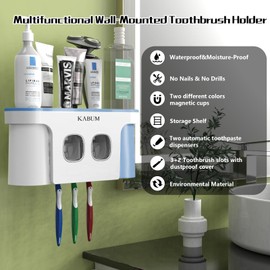Toothbrush Holders for Bathroom Organizer, 2 Cups Automatic Toothpaste Dispenser Squeezer Kit Wall Mounted for Bathroom Set, Ideal Bathroom Accessories.Blue