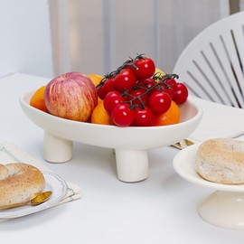 MELIUDEY Fruit Bowl Three-Legs Ceramic Fruit Bowl for Kitchen Counter, 10 Inch Fruit Basket Decorative Candy Bowl for Table Décor, Oval Large Bowls Key Bowl Home Table Décor, Crème 10 Inch