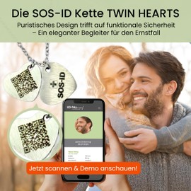 SOS ID Chain Twin Hearts - Emergency Pendant with QR Code - Heart Medical Alert Passport - Instant Reveal Health Data - Elegant Jewellery for Safety