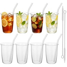 8 Pcs 16 Oz Clear Water Glass Set with Straw, Lead-Free Drinking Glass Cups