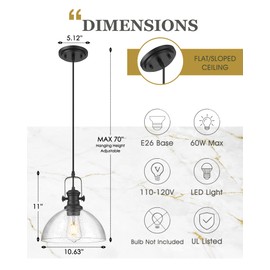 Audickic Black Pendant Lights Kitchen Island, 10.5" Farmhouse Pendant Lighting with Clear Seeded Glass Shade, Vintage Hanging Light Fixtures for Dining Room, AD-22151-1PL-BK