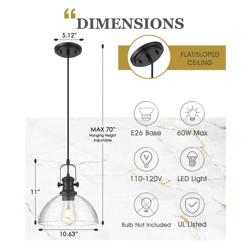 Audickic Black Pendant Lights Kitchen Island, 10.5" Farmhouse Pendant Lighting