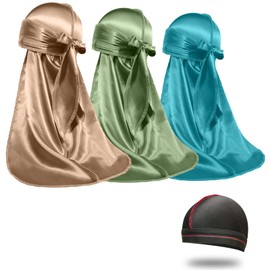 ForceWave 3 Pieces Silky Durags and 1 Wave Cap Pack for Men Waves, Moisture-Tech Fabric Satin Du-Rag, Sage,turquoise,champagne, One Size