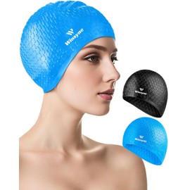 2 Pack Unisex Silicone Swim Cap for Women Men, Large Size Swimming Caps for Long Hair/Braids to Keep Hair Dry, Waterproof Bathing Caps for Swimming with Ear Plugs & Nose Clip Set(Black&Blue)