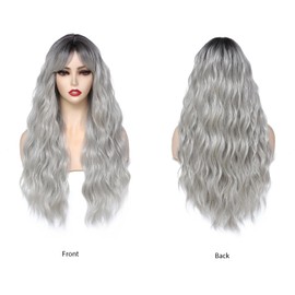 BUYOGET Long Curly Wavy Ombre Silver Wig with Fringe Adjustable 24 Inch Synthetic Cosplay Daily Hair Wigs for Women
