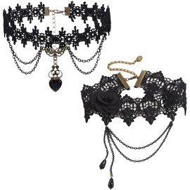 XBFOCNH 2pcs Choker Black Lace Gothic Steampunk Necklace Choker Collar with Crystals Vampire Chain Women and Girls Vampire Accessory Cosplay Jewellery Party Vintage Costumes Women, Lace, rhinestone