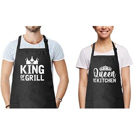 Shop4Ever King of the Grill ~ Queen of the Kitchen Couples Matching Adjustable Kitchen Cooks Chef Apron with Pockets Set of 2 Funny Couple Aprons for Wedding, Anniversary, Wedding Gifts, Couple Gift