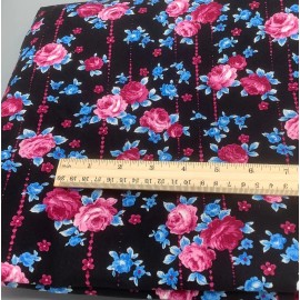 Unbranded Vtg BLACK BLUE PINK FLOWERS Thick Cotton Fabric - by the half yard