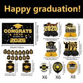 2025 Graduation Decorations,Black and Gold Congrats Grad Banner Class of 2025 Backdrop,Graduation Hanging Swirl,Balloons,Honeycomb for High School College Graduation Party Decoration Supplies