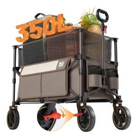 TIMBER RIDGE 350L XL Folding Wagon Cart, Extended Height Heavy Duty Collapsible Utility Cart with Brake for Beach Camping Shopping Garden Sports with Cup Holders Side Bag (Tan-Small Wheel)