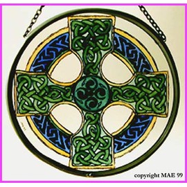 Decorative Hand Painted Stained Glass Window Sun Catcher/Roundel in a Celtic Cross Design.