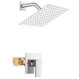 Airuida Shower Faucet Set Bathroom Rain Shower System 8 Inch Square Showerhead Single Function 1 Handle Trim Kit with Female Thread Rough-in Valve Cover Plate with H and C Labels Chrome Polish