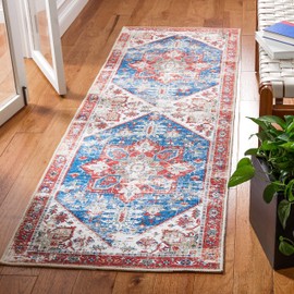 SAFAVIEH Tucson Collection Runner Rug - 2'6" x 14', Blue & Red, Persian Medallion Design, Non-Shedding Machine Washable & Slip Resistant Ideal for High Traffic Areas in Living Room, Bedroom (TSN102M)