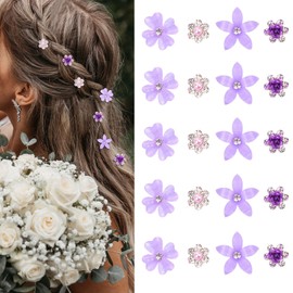 NATOSU 20 Pieces Mini Flower Hair Clips - Cute Rhinestone Hair Pins, Small Decorative Wedding Hair Clips, White Flower Bridal Hair Accessories for Girls (Purple)