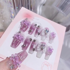 SINHOT Luxury Press on Nails - Long Coffin Fake Nails 3D Handmade Purple Flowers Reusable False Nails with Rhinestone Designs,DIY Artificial Nail Art, 24pcs