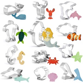 GWHOLE 12 Pack Sea Creature Cookie Cutter Set Ocean Sea Life Mermaid Shark Starfish Seashell Seahorse Whale Octopus Dolphin Clownfish Fish Shaped Cookie and Fondant Cutters Molds for Kids
