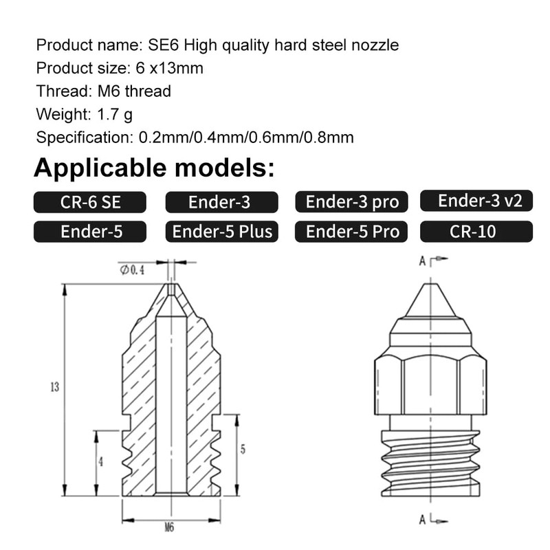 SE6 Removable Hardened Steel Nozzles for CR6 SE CR10 Ender3