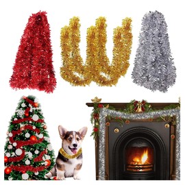Xiuyer 30 m Christmas Tinsel Garland Metallic Tinsel Silver Red Gold Shiny Hanging Decoration for Christmas Tree Wreath Wedding Party (Pack of 15)