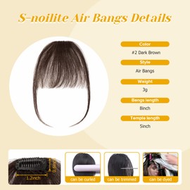 S-noilite Bangs Hair Clip in Bangs - Real Human Hair Air Bangs Hair Clip on Wispy Bangs Fringe with Temples Hairpieces for Women 3g (#2 Dark Brown)