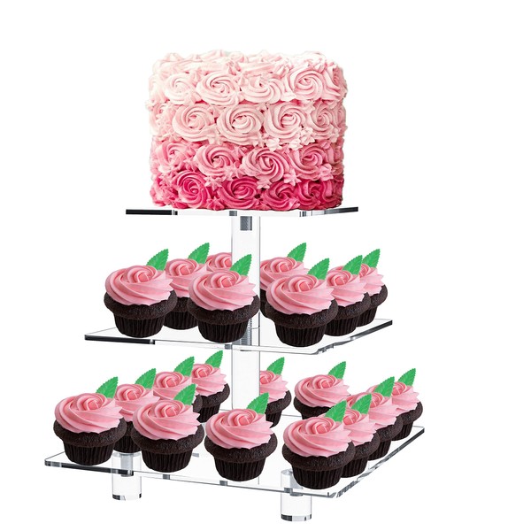 Jusalpha® 3 Tier Strong Acrylic Square Cupcake Stand, Dessert Display Tower (Clear, 1)