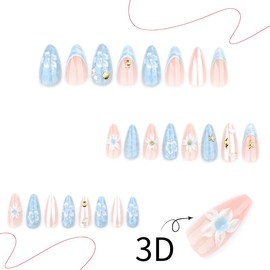 Dreamy 3D Flower Press On Nails, Long Almond False Nails with Gold Sea Charms & Pearl Embellishments, Pastel Pink Blue Reusable Stick On Nails, Elegant Fairy Mermaid Nail Art Kit for Women