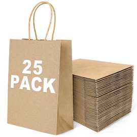 SMINDER Brown Paper Bags with Handle Kraft Gift Bags 25 Pack, 8.26x5.92x3.25 Inch Small Gift Bag for Wedding, Takeouts, Birthday Party Favors, Grocery, Craft, Retail Shopping, Goody, and Business