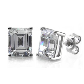 BERRICLE Sterling Silver Solitaire Emerald Cut Cubic Zirconia CZ Fashion Stud Earrings for Unisex, Rhodium Plated, 9mm x 7mm