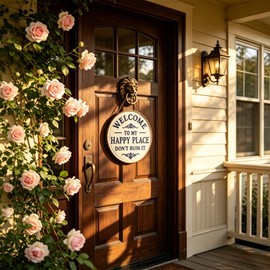 Welcome to My Happy Place Don't Ruin It Sign - Vintage Round Metal Tin Sign, Rustic Farmhouse Wall Decor, Funny Sarcastic Home Decor for Porch Bedroom Living Room Bar 8 Inch