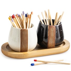 Zoeeker Ceramic Match Holders with Striker - Matchstick Container Set of 2 with Tray for Christmas Bathrooms, Cafes & Modern Homes - Matches NOT Included, Black and White