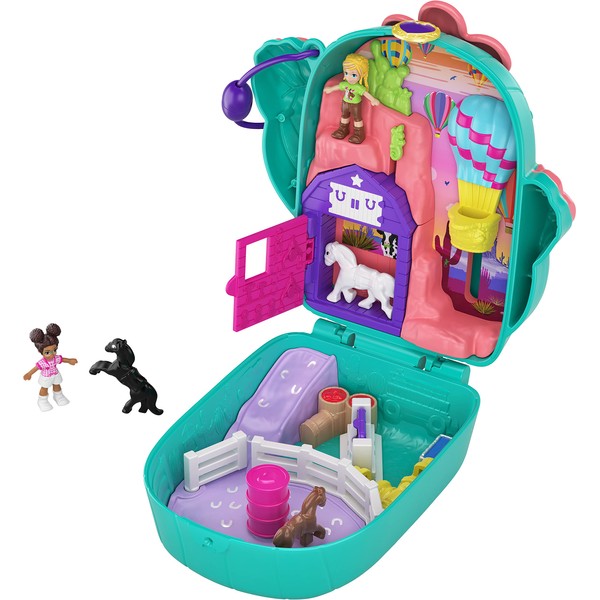 Polly Pocket Playset, Travel Toy with 2 Micro Dolls & Pet Horses, Pocket World Cactus Cowgirl Ranch Compact