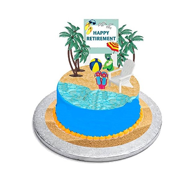 CakeSupplyShop Retirement Cake Topper with Adirondack Chair, Beach Bucket, Palm Trees and Retirement Sign Fish Flip Flop Cake Decoration Kit