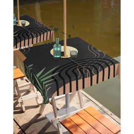 Lsrtoss Outdoor Tablecloth with Umbrella Hole & Zipper, Brown Black Geometric Boho Square Tablecloth 54x54 Inch, Modern Abstract Art Botanical Patio Table Cover Waterproof Table Cloth for Picnic/Party