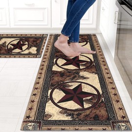 Faptoena Rustic Kitchen Rugs and Mats Sets of 2,Western Texas Star Kitchen Decoration Non-Slip Absorbent Kitchen Mat for Sink Waterproof Floor Mat for Laundry Room,17x30+17x48inch
