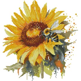 Meecaa Cross Stitch Kits 14 Count Stamped, Sunflower Flower Bee Embroidery Kit with Accessories Pre Printed (28×30cm)(Sunflower)