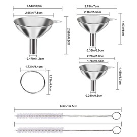 Kitchen Funnel - Pack of 3 Stainless Steel Funnel with Handle & Cleaning Brush, Stackable Funnel Small for Jam, Oil, Powder & Liquids, Robust & Dishwasher Safe for Household and Camping
